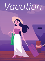 Beautiful girl with long flowing hair in hat with suitcase near the ship's pier, Cruise vacation concept, flat vector illustration