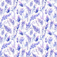 Lavender flowers seamless pattern. Watercolor natural illustration of Provence herbs on a white background. AI