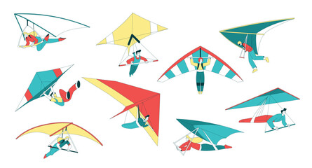 Air Sport with People Character Hang Gliding Flying with Hang Glider Vector Set
