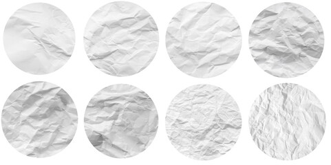 Set of isolated cut out round crumpled blank white png paper strips, pieces or labels on white or transparent background