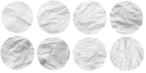 Set of isolated cut out round crumpled blank white png paper strips, pieces or labels on white or transparent background