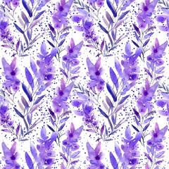 Lavender flowers seamless pattern. Watercolor natural illustration of Provence herbs on a white background. AI