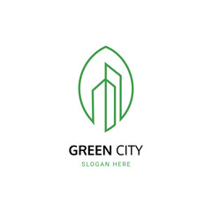 GREEN CITY LOGO CONCEPT IN LINEART, LEAF AND BUILDINGS LOGO VECTOR ILLLUSTRATION