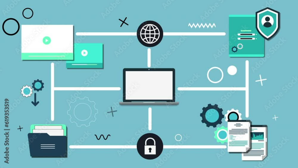 Wall mural internet, communication and social media concepts on a network with laptop connecting 2d animation m