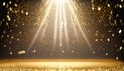 golden confetti rain on festive stage with light beam in the middle, empty room at night mockup with copy space for award ceremony, jubilee, New Year's party or product presentations - obrazy, fototapety, plakaty