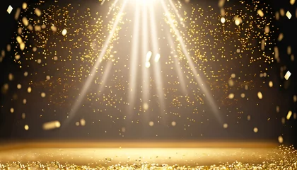 Foto op Canvas golden confetti rain on festive stage with light beam in the middle, empty room at night mockup with copy space for award ceremony, jubilee, New Year's party or product presentations © Uuganbayar
