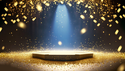 golden confetti rain on festive stage with light beam in the middle, empty room at night mockup with copy space for award ceremony, jubilee, New Year's party or product presentations - obrazy, fototapety, plakaty