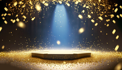golden confetti rain on festive stage with light beam in the middle, empty room at night mockup with copy space for award ceremony, jubilee, New Year's party or product presentations