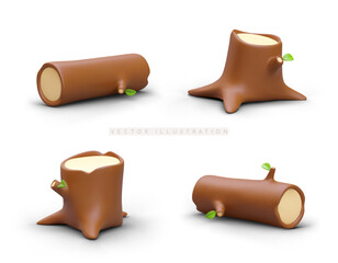 Set of 3D stumps and logs in plasticine style. Tree trunks with brown bark and knots. Logging, wood processing. Preparation for camping. Isolated vector drawings on white background - obrazy, fototapety, plakaty