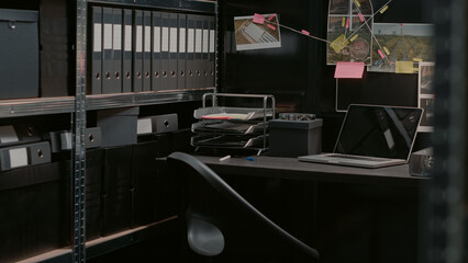 Police agency office equipped with physical evidence to solve crimes and important cases,...