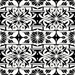 Striking black and white abstract design, displaying seamless pattern symmetry. It combines the elegance of a damask pattern with the geometric allure of Art Deco, creating a visually.