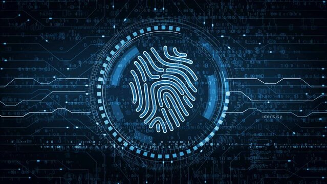 Fingerprint cyber biometric id security and identity and privacy symbol abstract digital concept. Network, cyber technology and computer background seamless and looped animation.