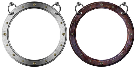 Two empty metal portholes with bolts hanging from a steel ring, isolated on white or transparent background and copy space, template. 3d illustration. Png.