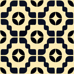 Striking black and white pattern set against a vibrant yellow background, showcasing patterned tilework and art deco influences, suitable for borders or tiling.
