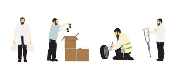 A painting of ultra-Orthodox religious Jewish figures doing charity.
A person instructs how to use borrowed medical equipment, prepares food boxes for those in need, fixes a flat tire, changes a wheel