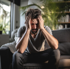 man having a headache, sitting on a couch feeling pain 