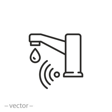 smart water system icon, tap sensor, automatically dispense liquid, thin line symbol - editable stroke vector illustration