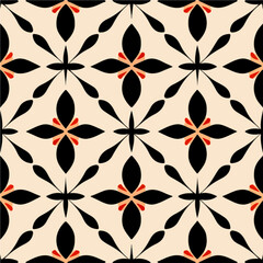 Captivating black and white art deco pattern, adorned with vibrant orange accents, creates a mesmerizing peppermint motif and exhibits seamless symmetry.