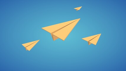 Illustration 3d render realistic paper plane blue sky isolated on background. Realistic fly paper airplane