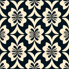Captivating black and white flower pattern set against a dark background, reminiscent of elegant damask designs, showcasing an art nouveau inspired aesthetic with a touch of mystery.