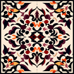 Intricate Art Deco pattern adorns a black and white tile, highlighted by an orange and red color scheme, evoking Persian design influences.