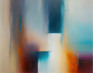Lyrical abstraction art background with blocks of shapes blended in a teal blue and orange color palette.