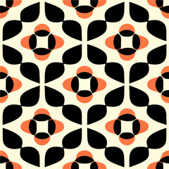 Fototapeta premium Striking orange and black art deco pattern on a white background forms a seamless design suitable for fabrics, evoking a sense of sophistication.