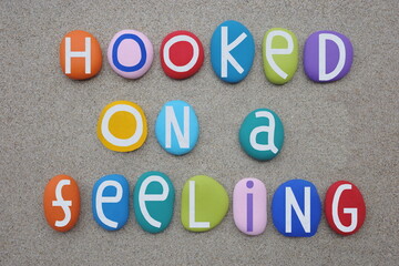 Hooked on a feeling, creative slogan composed with hand painted multi colored stone letters over brown sea sand