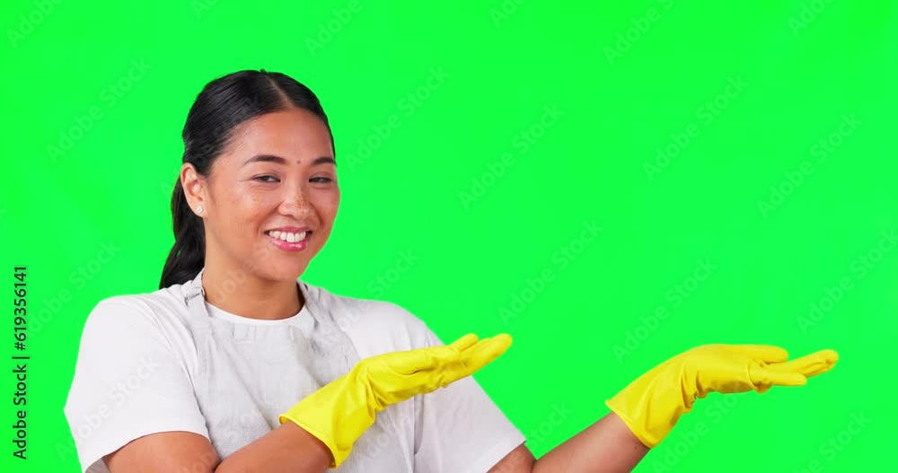 Sticker Cleaning, presentation and space with woman on green screen for idea, choice and decision. Advertising, hygiene and show with portrait of person on studio background for offer, opinion and mockup