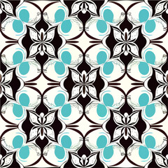 Seamless fabric pattern with a black and white background adorned by blue circles, creating a repeating and captivating design.