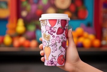 white coffee cup with cup of fruit in pink background free mockup, in the style of depictions of urban life