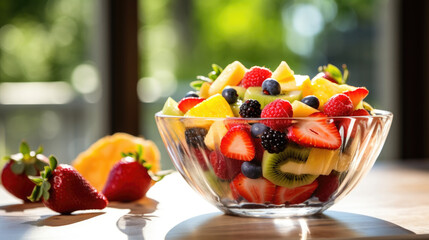 Capture the intricate details of a colorful fruit salad in a clear glass bowl