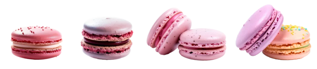 Foto auf Acrylglas Macarons Set of four types of macarons. Natural macarons culinary design elements, side view. Pastel pink macarons. Isolated on transparent background. KI.