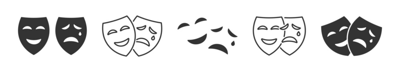 Theatrical masks icon. Masquerade vector icons. Comedy and tragedy theatrical masks icons. Comic and tragic mask. Masquerade collection. Vector illustration 