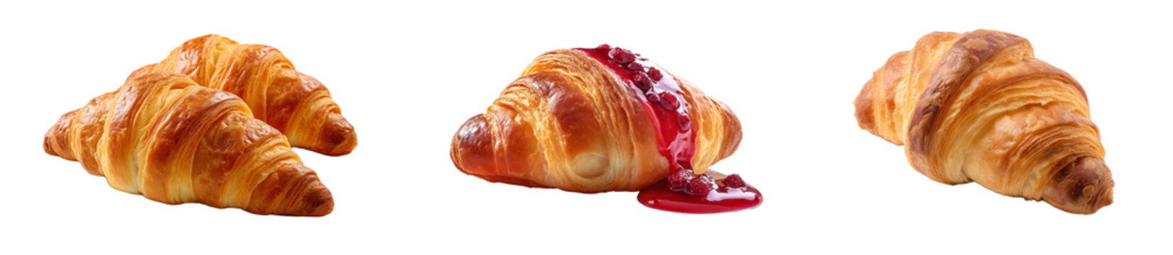 A set of three types of croissants. Natural croissants culinary design elements, side view. Fresh croissants from the bakery. Isolated on transparent background. KI.