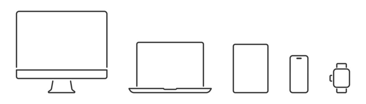 Set of linear device icon. Computer laptop tablet smartphone watch template. Device screen mockup. Vector illustration 