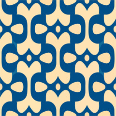 Seamless pattern design with a blue and yellow color scheme against a white background, showcasing symmetry and repeating fabric elements.