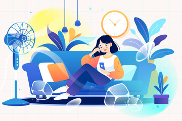 In hot summer, blow air conditioner indoors, avoid heat in dog days, and prevent heat stroke illustration