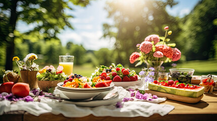 Obraz na płótnie Canvas Picnic table covered with summer delicacies, including colorful bowls of summer food