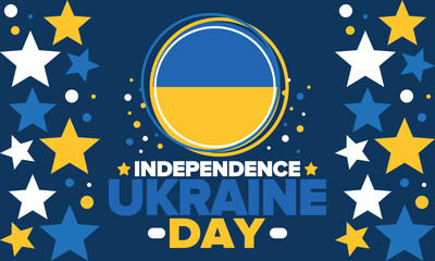 Ukraine Independence Day. National happy holiday, celebrated annual in August 24. Ukrainian flag. Blue and yellow. Patriotic elements. Poster, card, banner and background. Vector illustration