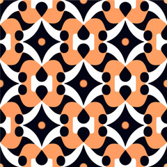 Mesmerizing black and white pattern featuring orange circles, forming a seamless design reminiscent of a Sierpinski gasket, ideal for fabric prints or artistic creations.