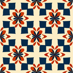 Obraz premium This art deco inspired fabric pattern showcases a captivating combination of blue and red flowers on a white backdrop. The repeating design adds a touch of art nouveau flair.