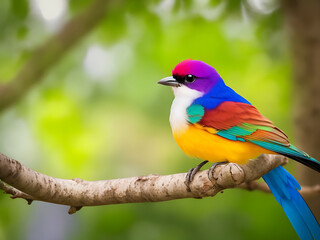 Colorful bird sitting on the tree branch with blurred background