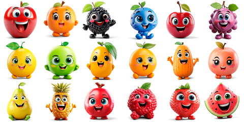 Fototapeta premium Set of 3D happy fruits and berries: apple, apricot, blackberry, blueberry, cherry, grape, lemon, lime, mango, orange, papaya, peach, pear, pineapple, pomegranate, raspberry, strawberry, watermelon