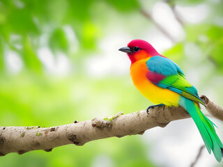 Colorful bird sitting on the tree branch with blurred background