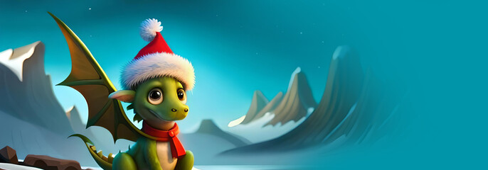 Fototapeta premium cute green dragon in santa hat, symbol 2024 new year on winter background created with generative ai technology