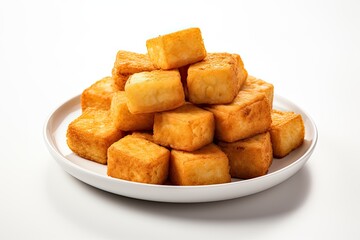 Fried vegan spongy tofu puffs isolate on white background