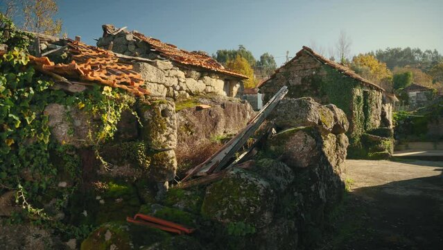 Traditional Street with Abandoned Stone Houses in a Portuguese Countryside Village