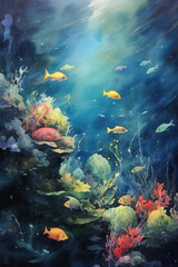 Watercolor fish swim in an underwater, dark blue background.