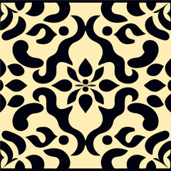 Striking black and white pattern adorns a sunny yellow background, reminiscent of elegant art nouveau aesthetics. The intricate damask motif enhances the floor with its timeless charm.